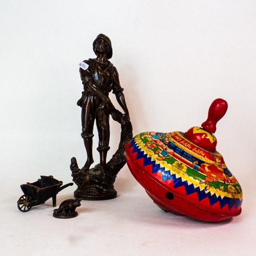 202 - Mixed metal ware items to include a spelter figure of a fisherman, small bronze effect pig figure, s... 