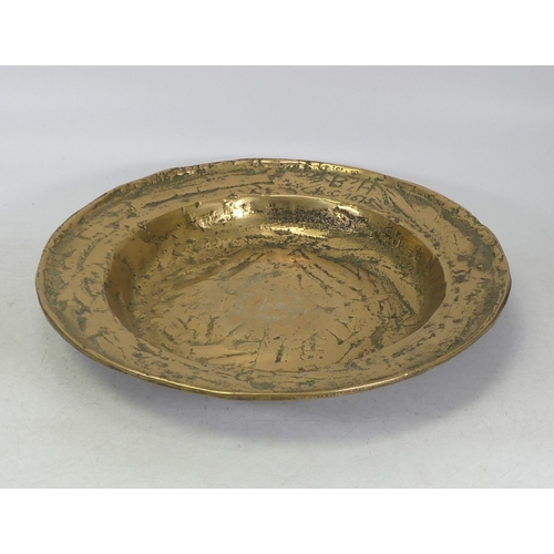 204 - A large Antique brass bowl with the markings B/H R.C 1615. (D: 33cm)