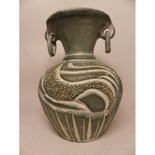 177 - Studio type pottery twin handled vase in a Mexican style, height 22.5cm.