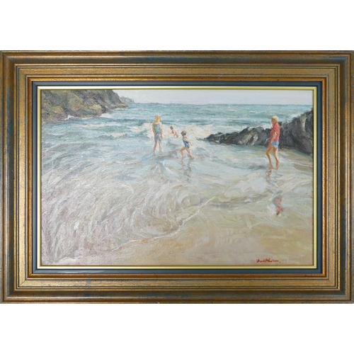 607 - Framed textured oil painting depicting Children playing and paddling in the sea. measures 42cm high ... 