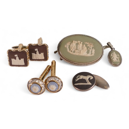 745 - A collection of Wedgwood Jasperware jewellery including silver mounted cufflinks, brooches, pendants... 