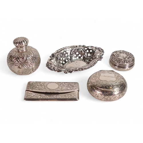 766 - Five hallmarked silver items, including perfume bottle, card case, snuff box, pill box & pierced dis... 