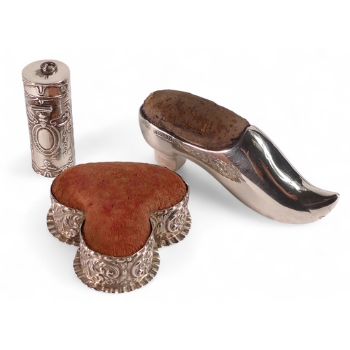 769 - 2 x silver mounted pin cushions together with a pill box (3)