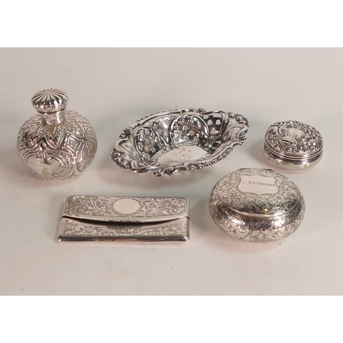 766 - Five hallmarked silver items, including perfume bottle, card case, snuff box, pill box & pierced dis... 