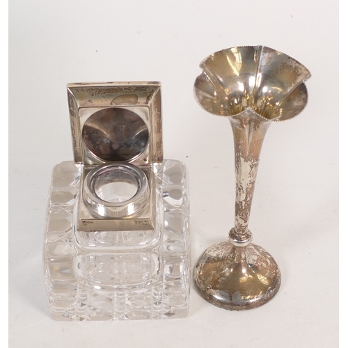 802 - Silver topped square cut glass perfume bottle, Birmingham 1906, h.10cm, together with a Silver bud v... 