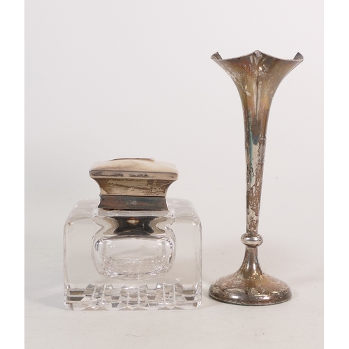 802 - Silver topped square cut glass perfume bottle, Birmingham 1906, h.10cm, together with a Silver bud v... 