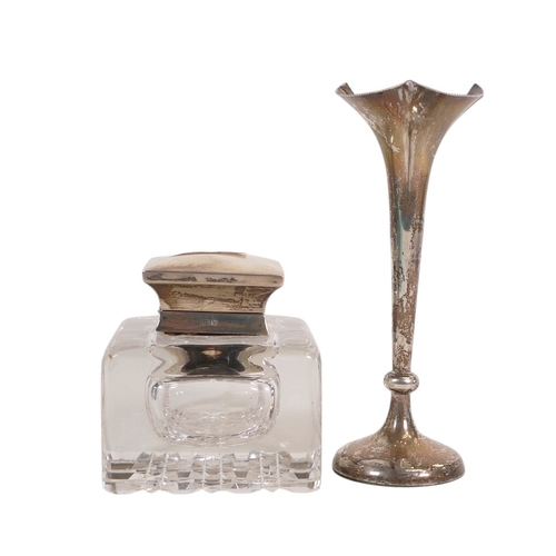 802 - Silver topped square cut glass perfume bottle, Birmingham 1906, h.10cm, together with a Silver bud v... 