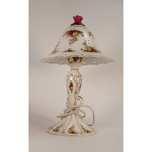 143 - Royal Albert 'Old Country Roses' design lamp base and shade topped with a red rose. H:-45cm (not tes... 