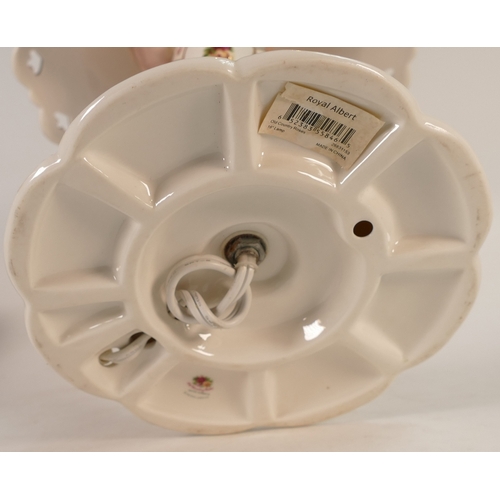 143 - Royal Albert 'Old Country Roses' design lamp base and shade topped with a red rose. H:-45cm (not tes... 