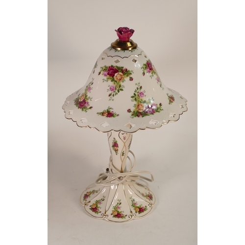 143 - Royal Albert 'Old Country Roses' design lamp base and shade topped with a red rose. H:-45cm (not tes... 