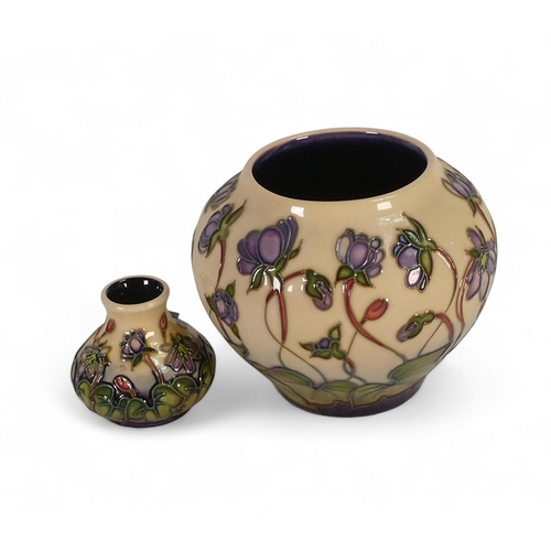 145 - Two Moorcroft Vases 'Hepatica' pattern designed by Emma Bossons. tallest:-10cm (2)