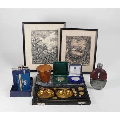 572 - A mixed selection to include:- boxed small weighing scales with six weights, hip flask leather with ... 