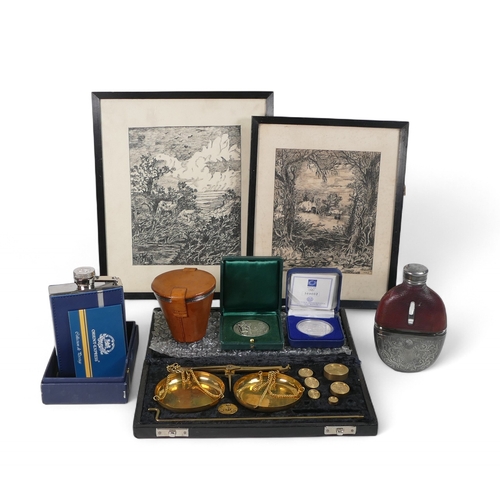 572 - A mixed selection to include:- boxed small weighing scales with six weights, hip flask leather with ... 
