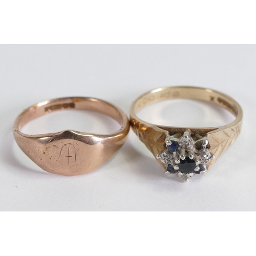 883 - 9ct gold ring set with dark blue and white stones, one stone missing and 9ct rose gold signet ring, ... 
