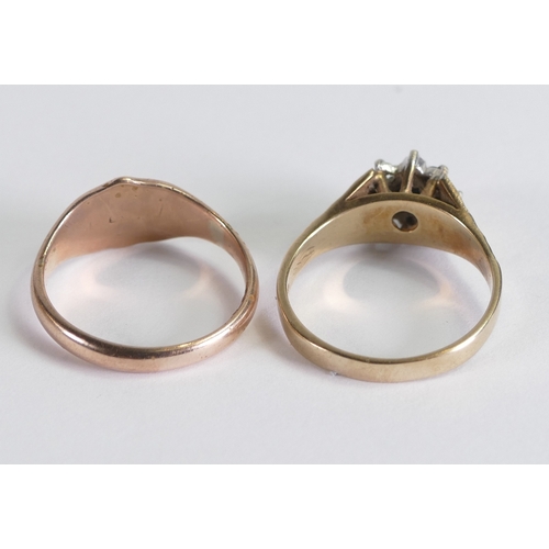 883 - 9ct gold ring set with dark blue and white stones, one stone missing and 9ct rose gold signet ring, ... 