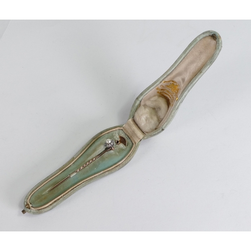 888 - Antique yellow metal diamond and pearl set brooch in original box.