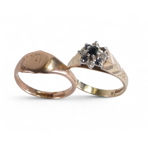 883 - 9ct gold ring set with dark blue and white stones, one stone missing and 9ct rose gold signet ring, ... 