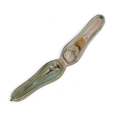 888 - Antique yellow metal diamond and pearl set brooch in original box.