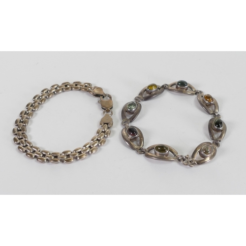 893 - Silver tennis bracelet set with blue and green stones and Silver bracelet, 25g. (2)