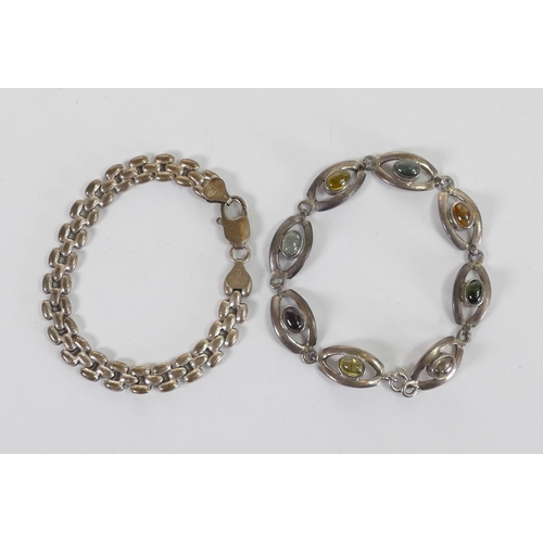 893 - Silver tennis bracelet set with blue and green stones and Silver bracelet, 25g. (2)