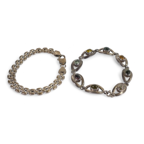 893 - Silver tennis bracelet set with blue and green stones and Silver bracelet, 25g. (2)