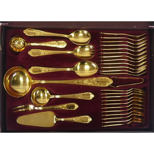 545 - Solingen made in Germany, Seventy Piece 23/24 karat hard gold plated cutlery set complete with leath... 