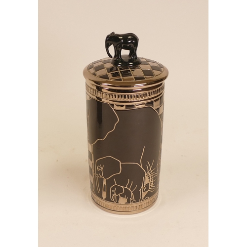 330 - Dennis China Works Lustre Lidded Pot 'Elephants' on black ground, elephant figured handle. 2010, des... 