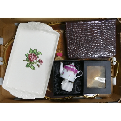 377 - A mixed collection to include:-a large veneered brass finished tray, Brown Crocodile Style Travel/Va... 