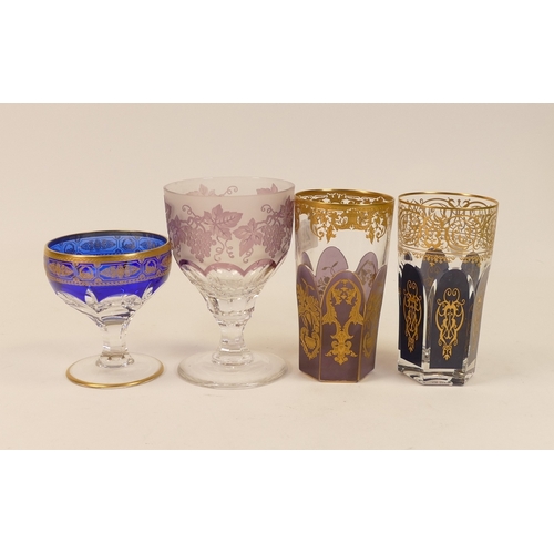 268 - De Lamerie Fine Bone China Glass Tumblers, Champagne Glass and Wine Goblet, coloured and heavily gil... 