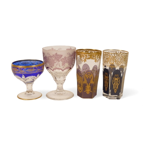 268 - De Lamerie Fine Bone China Glass Tumblers, Champagne Glass and Wine Goblet, coloured and heavily gil... 