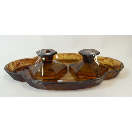 231 - Davidson Art Deco amber cloud glass dressing table sets to include two pin dishes, two lidded jars, ... 