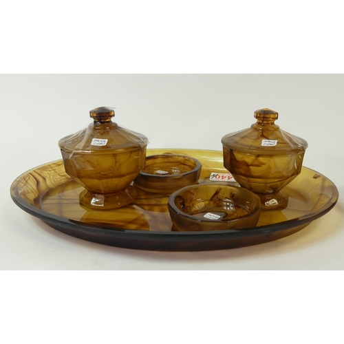231 - Davidson Art Deco amber cloud glass dressing table sets to include two pin dishes, two lidded jars, ... 