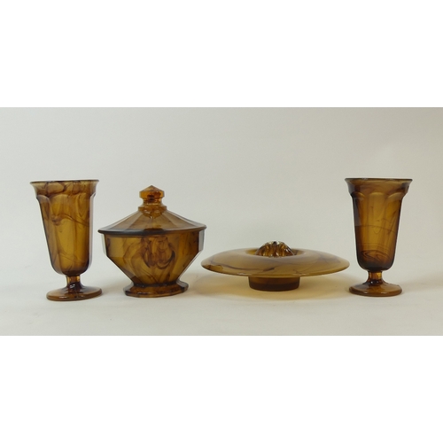 233 - Davidson Art Deco amber cloud glass two Parfait glasses, small float bowl with flower frog and foote... 