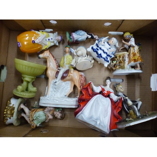 413 - Mixed collection of Continental and Staffordshire figures, also a German figural decanter (1 tray).