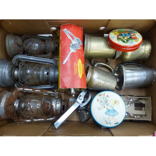 613 - Mixed metalware to include three Tilley lamps, brass and white metal tankards, vintage tins, etc (1 ... 