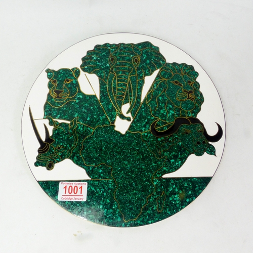 83 - 'The Big Five' inlaid malachite wall plaque, elephant, lion, leopard, rhino and cape buffalo, diamet... 