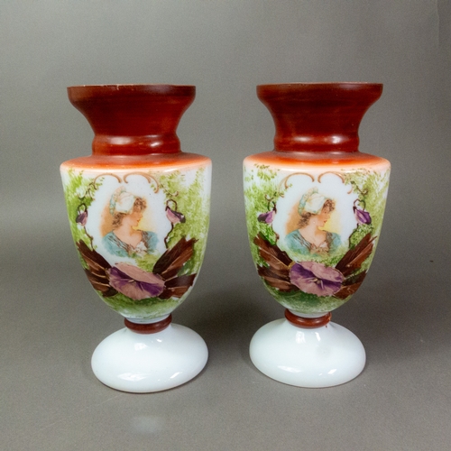 246 - A pair of hand-painted Victorian milk glass vases, height 21.5cm (2).