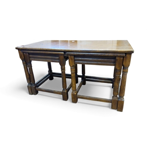 662 - Oak nest of 3 tables. 1 rectangular coffee table with 2 nesting square side tables. H48cm x W90cm x ... 