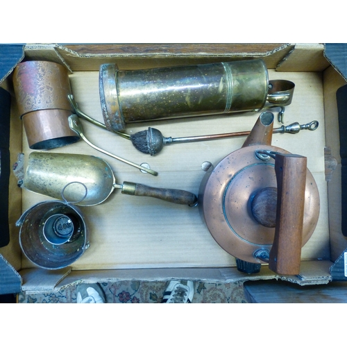 645 - Tray of mixed metalware to include, copper kettle, various fireside implements, pots etc. (1 tray)