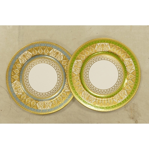 549 - De Lamerie Fine Bone China, heavily decorated gilt plates in blue & green colouring. (2)