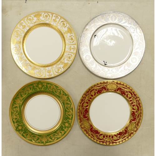 553 - De Lamerie Fine Bone China, a selection of heavily gilt plates in varied colourways & designs. Made ... 