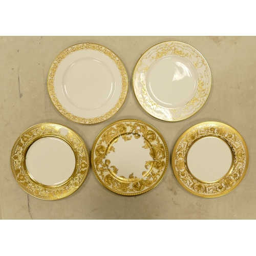 565 - De Lamerie Fine Bone China, a selection of heavily gilt plates in varied colourways & designs. Made ... 
