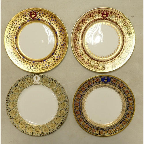 581 - De Lamerie Fine Bone China, a selection of heavily gilt plates in varied colourways & designs. Made ... 