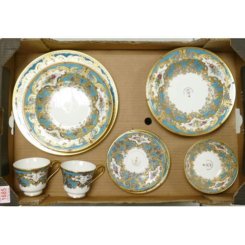 587 - De Lamerie Fine Bone China, heavily gilt decorated items on turquoise ground to include plates, bowl... 