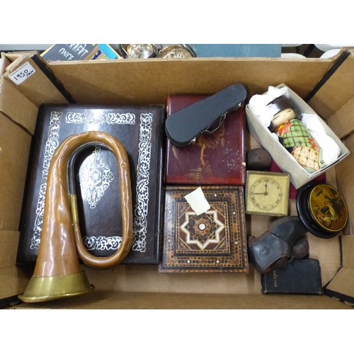 460 - A collection of cigar and cigarette boxes, brass bugle, pocket Bible, pin badges, Japanese wooden fi... 