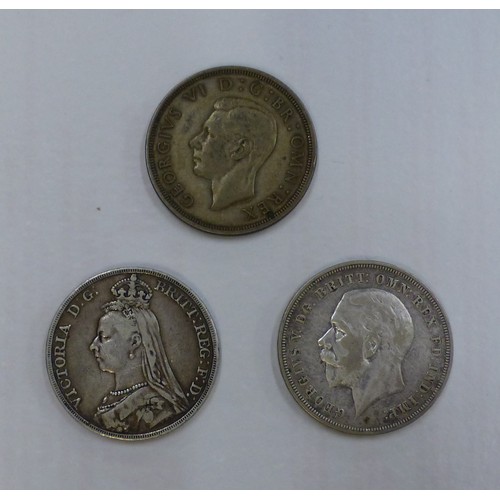 696 - Three silver crowns: Victoria 1889, George V 1935 & George VI 1937, combined 84g.