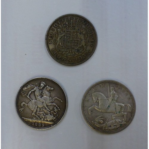 696 - Three silver crowns: Victoria 1889, George V 1935 & George VI 1937, combined 84g.