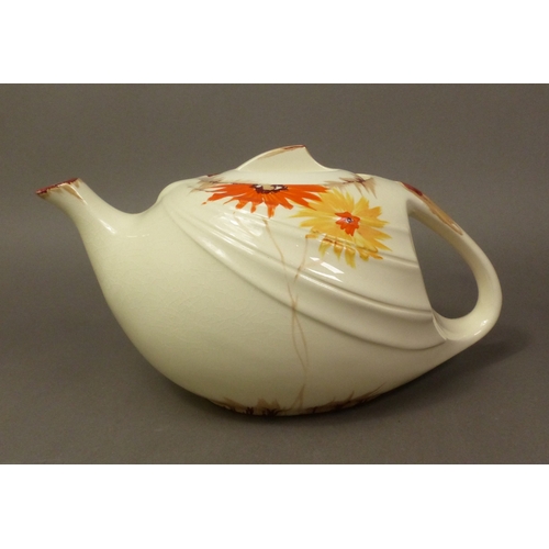 222 - Art Deco T-Flo conical teapot, decorated in yellow, orange and brown on a cream ground.