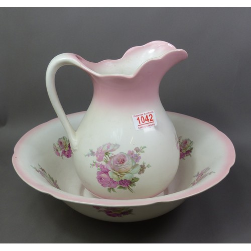 92 - Large James Kent washbowl and jug with pink floral pattern, diameter of bowl 40cm (2).