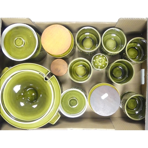 499 - Portmeirion Green 'Totem' to include:- Large lidded pot, sugar sifter, lidded pots, footed bowls etc... 
